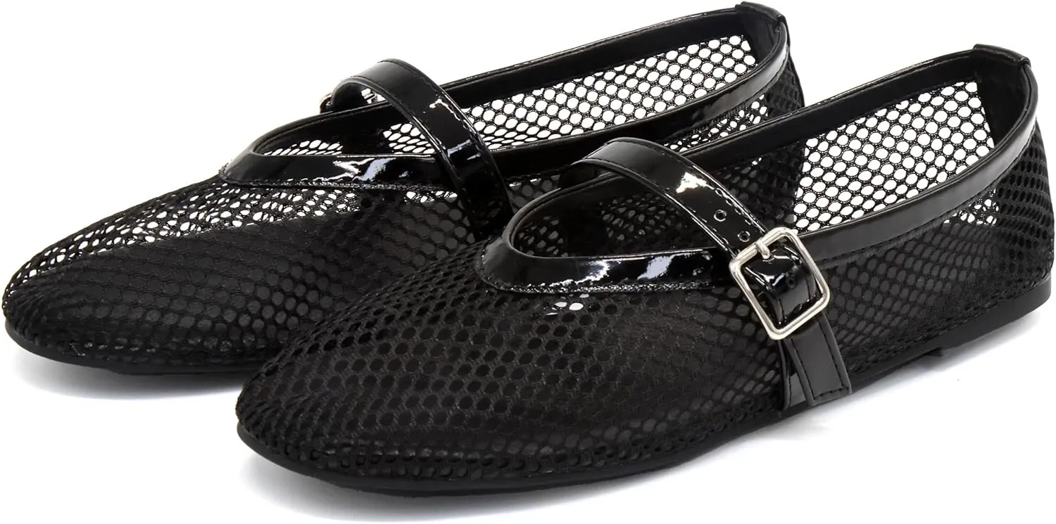 Putu Women's Mesh Ballet Flats Casual Office Flat Shoes Hollow Out Comfy Flats Ballerinas Shoes with Buckle Strap