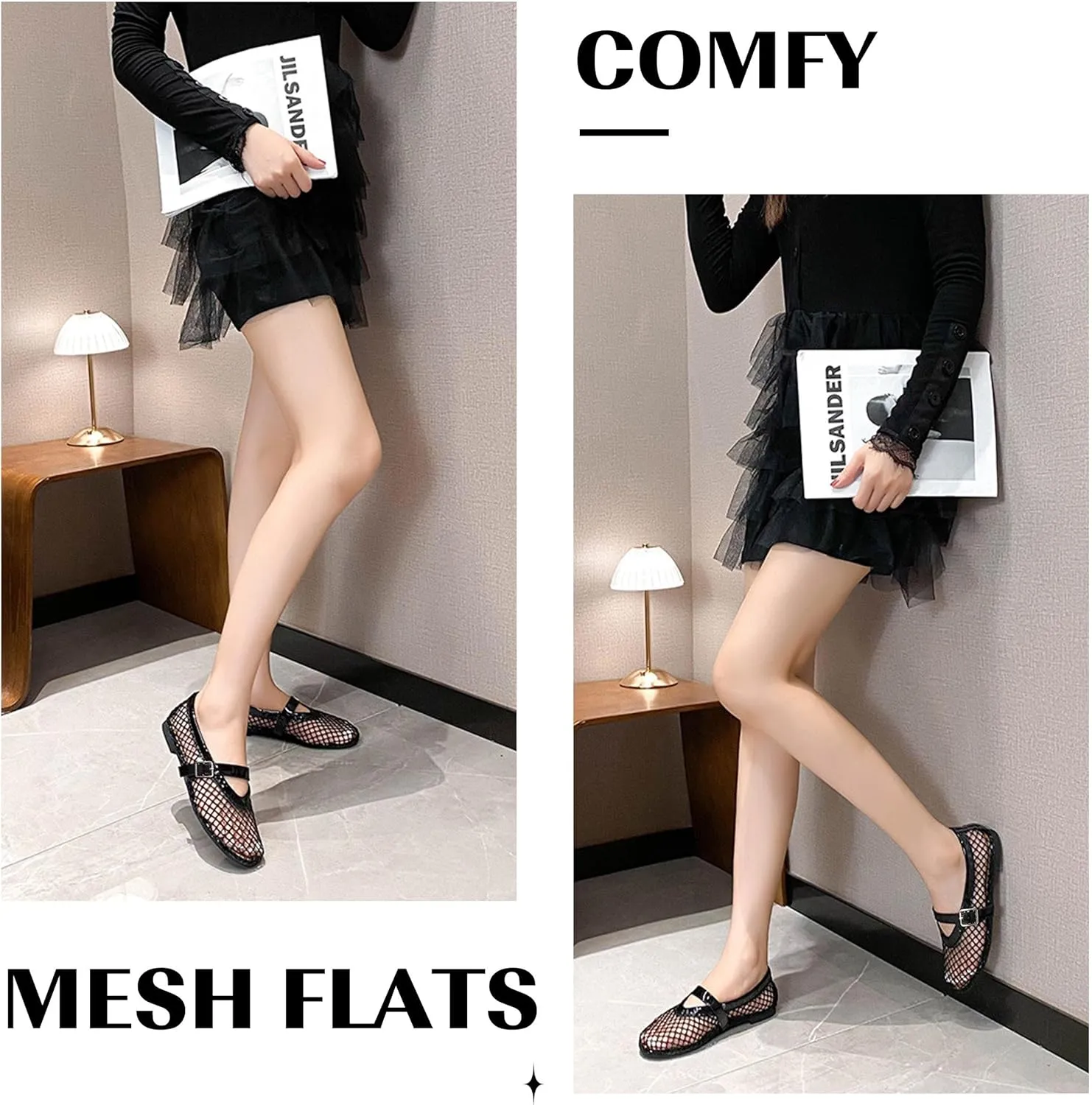 Putu Women's Mesh Ballet Flats Casual Office Flat Shoes Hollow Out Comfy Flats Ballerinas Shoes with Buckle Strap