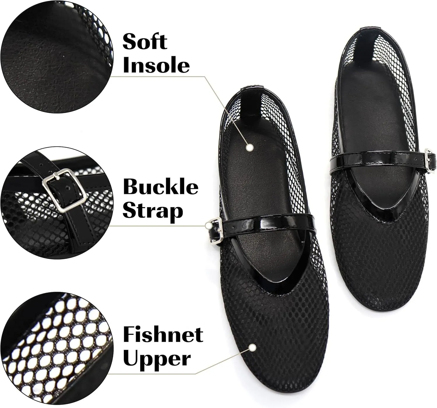 Putu Women's Mesh Ballet Flats Casual Office Flat Shoes Hollow Out Comfy Flats Ballerinas Shoes with Buckle Strap