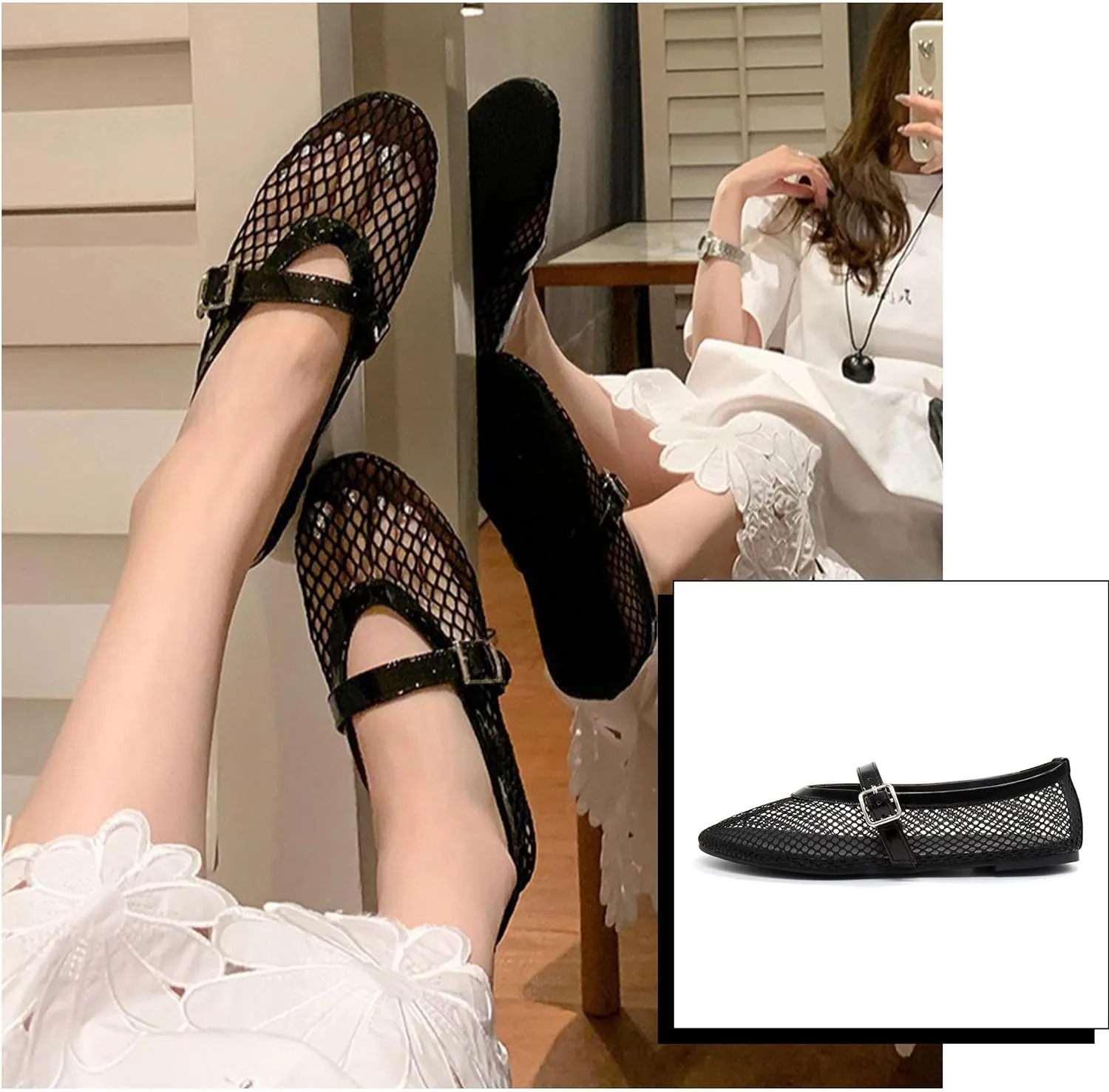 Putu Women's Mesh Ballet Flats Casual Office Flat Shoes Hollow Out Comfy Flats Ballerinas Shoes with Buckle Strap