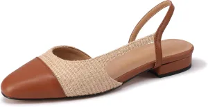 Raffia Flats Slingback Shoes for Women Woven Sling Back Shoes Closed Toe Two Tone Low Heel Pumps Brown Dressy Work Office Dress Shoes