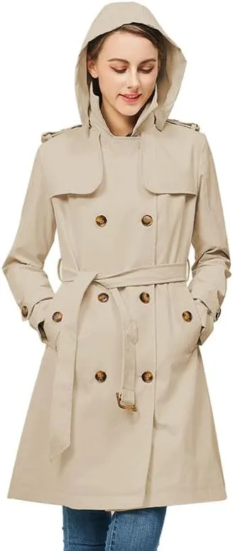 Rasujie Women's Trench Coat Double Breasted Classic Lapel Overcoat Belted Jacket with Detachable Hood