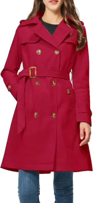 Rasujie Women's Trench Coat Double Breasted Classic Lapel Overcoat Belted Jacket with Detachable Hood