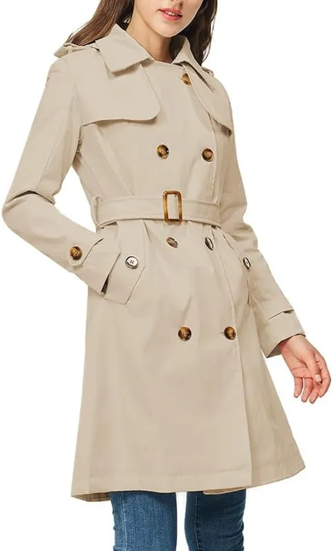 Rasujie Women's Trench Coat Double Breasted Classic Lapel Overcoat Belted Jacket with Detachable Hood