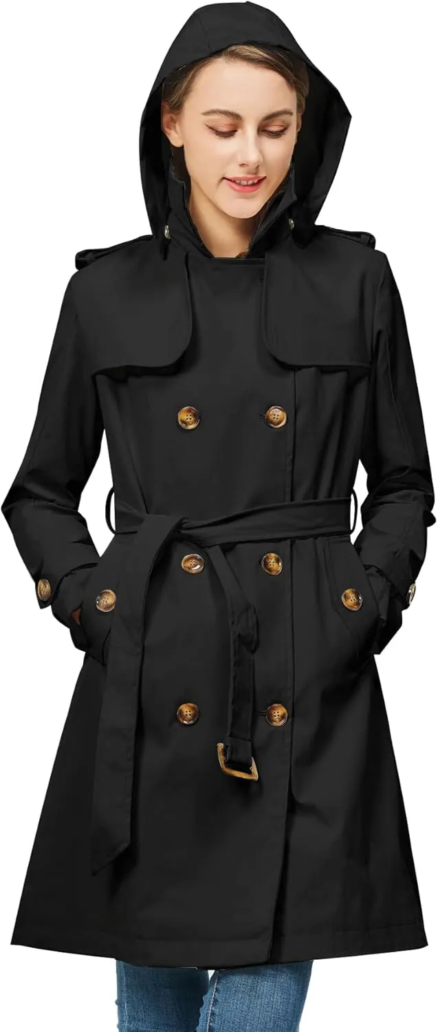 Rasujie Women's Trench Coat Double Breasted Classic Lapel Overcoat Belted Jacket with Detachable Hood