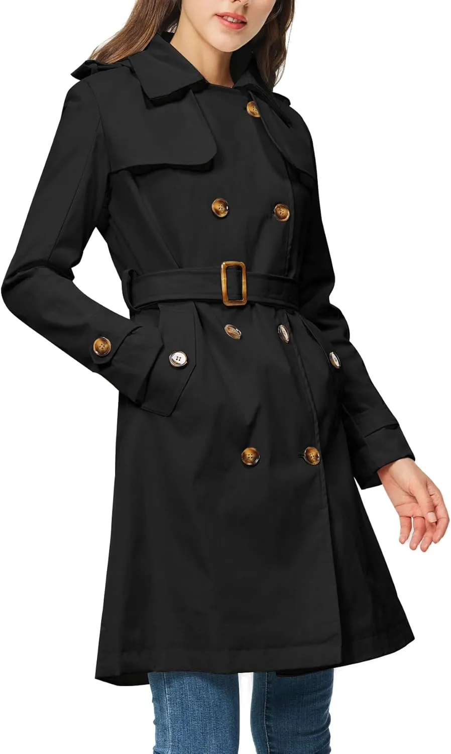 Rasujie Women's Trench Coat Double Breasted Classic Lapel Overcoat Belted Jacket with Detachable Hood