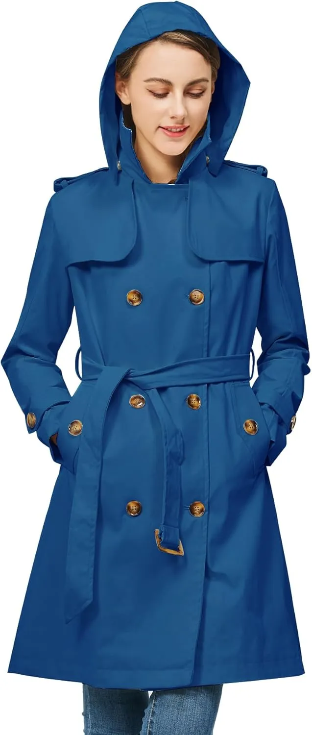 Rasujie Women's Trench Coat Double Breasted Classic Lapel Overcoat Belted Jacket with Detachable Hood