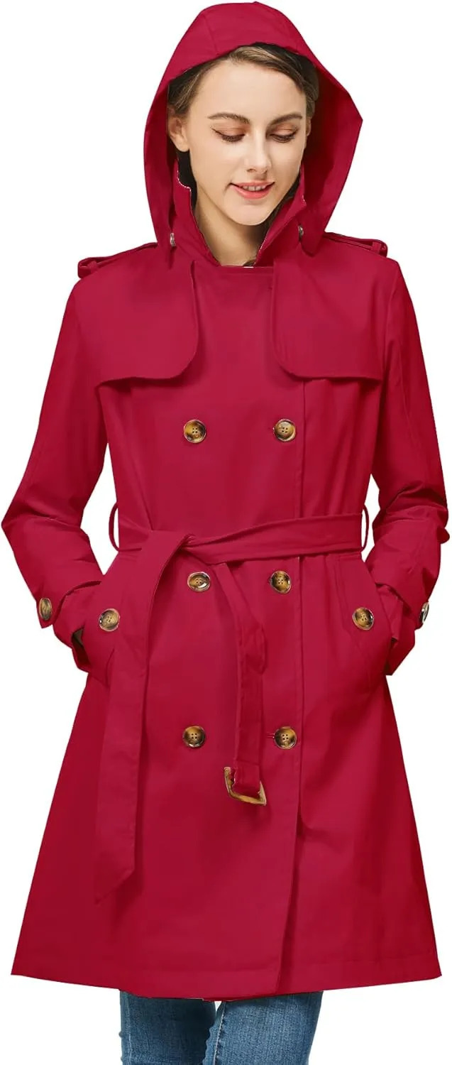Rasujie Women's Trench Coat Double Breasted Classic Lapel Overcoat Belted Jacket with Detachable Hood