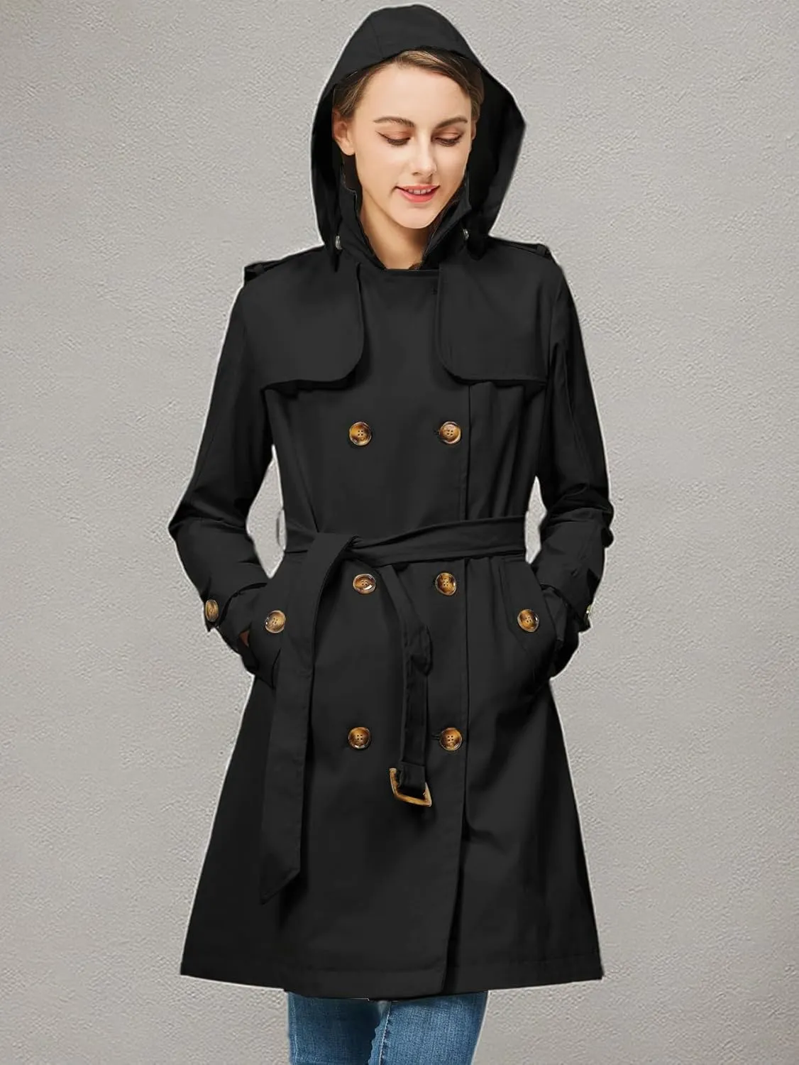 Rasujie Women's Trench Coat Double Breasted Classic Lapel Overcoat Belted Jacket with Detachable Hood