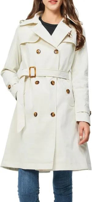 Rasujie Women's Trench Coat Double Breasted Classic Lapel Overcoat Belted Jacket with Detachable Hood
