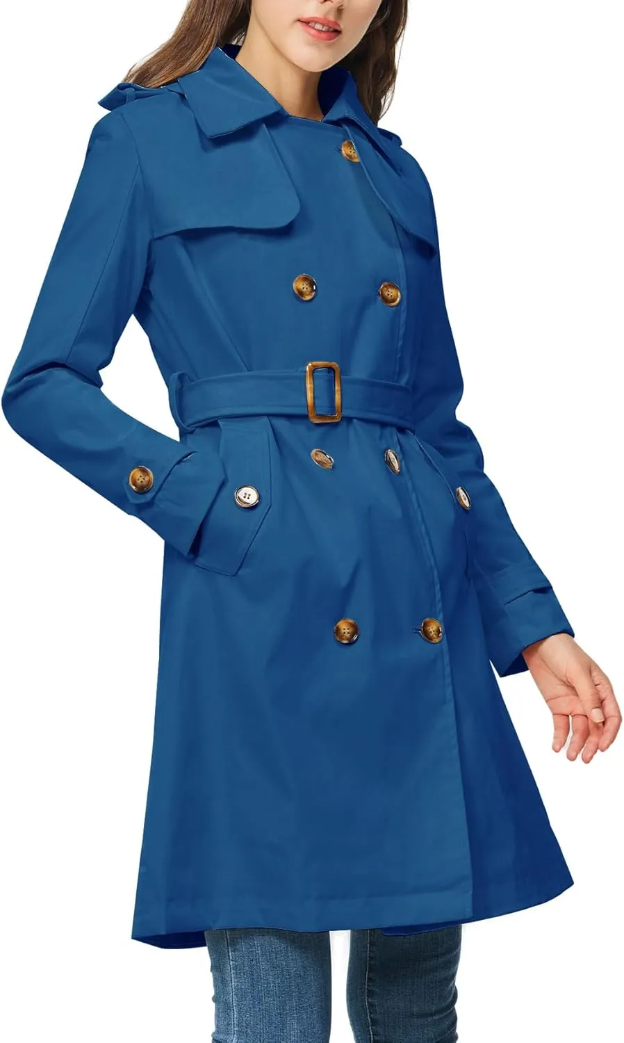 Rasujie Women's Trench Coat Double Breasted Classic Lapel Overcoat Belted Jacket with Detachable Hood