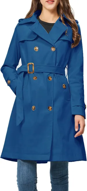 Rasujie Women's Trench Coat Double Breasted Classic Lapel Overcoat Belted Jacket with Detachable Hood
