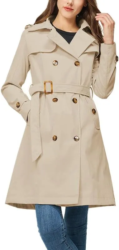 Rasujie Women's Trench Coat Double Breasted Classic Lapel Overcoat Belted Jacket with Detachable Hood