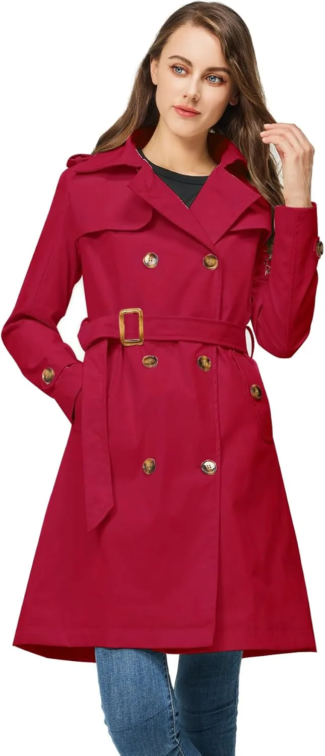 Rasujie Women's Trench Coat Double Breasted Classic Lapel Overcoat Belted Jacket with Detachable Hood