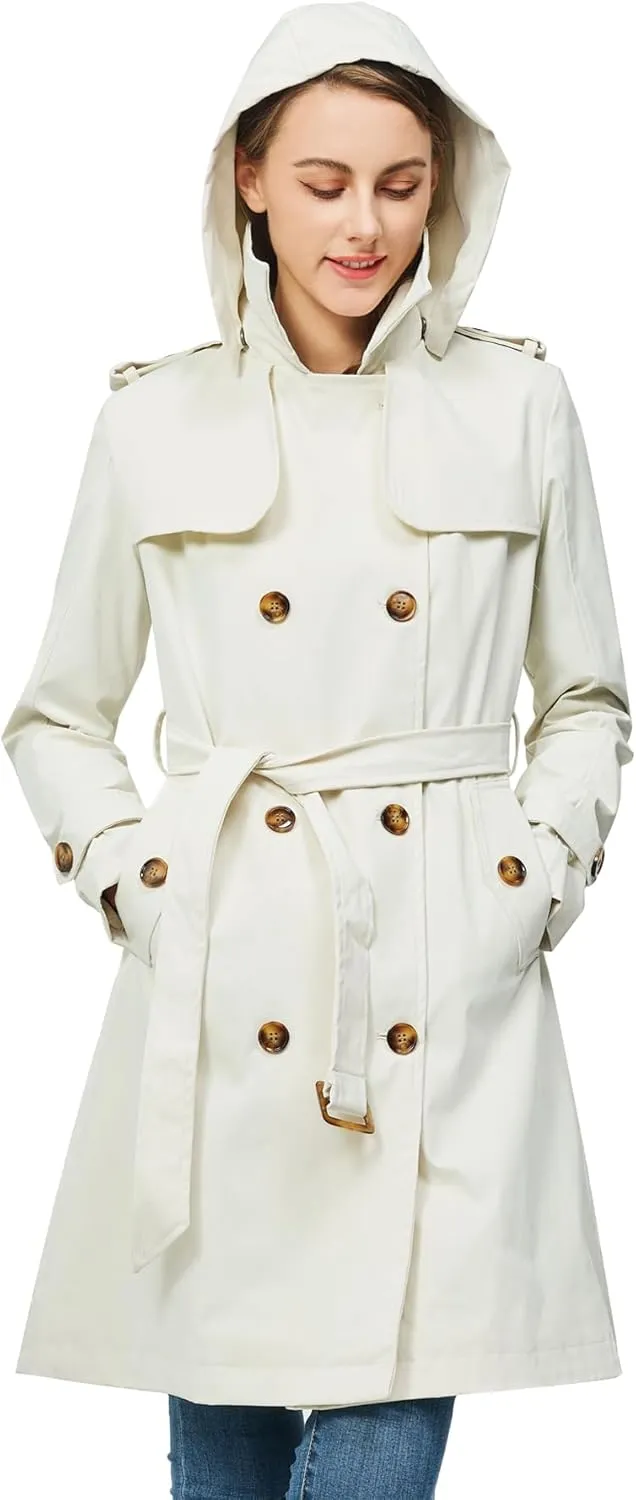 Rasujie Women's Trench Coat Double Breasted Classic Lapel Overcoat Belted Jacket with Detachable Hood