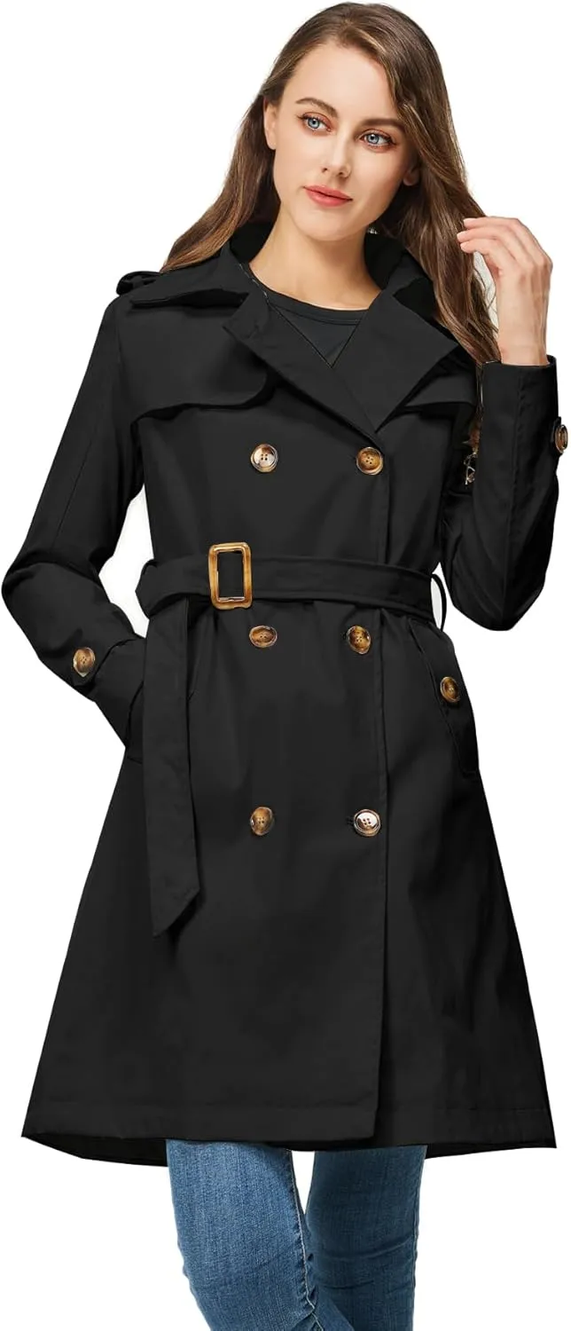 Rasujie Women's Trench Coat Double Breasted Classic Lapel Overcoat Belted Jacket with Detachable Hood