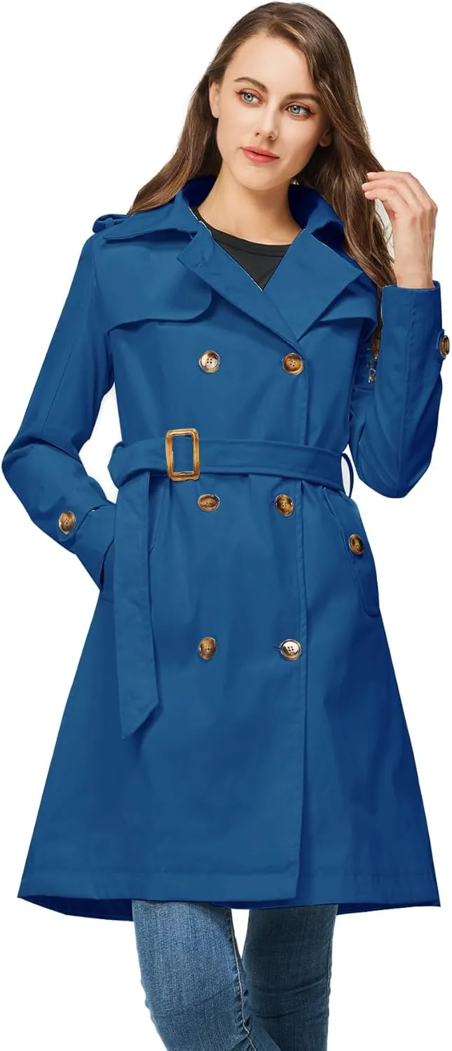 Rasujie Women's Trench Coat Double Breasted Classic Lapel Overcoat Belted Jacket with Detachable Hood