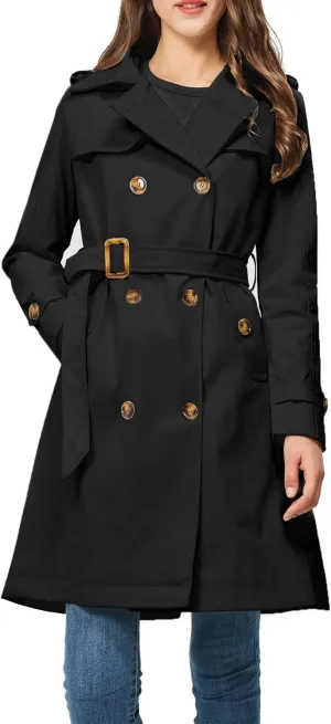 Rasujie Women's Trench Coat Double Breasted Classic Lapel Overcoat Belted Jacket with Detachable Hood