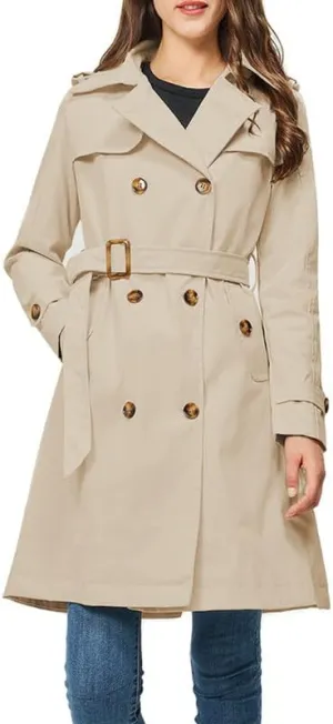 Rasujie Women's Trench Coat Double Breasted Classic Lapel Overcoat Belted Jacket with Detachable Hood