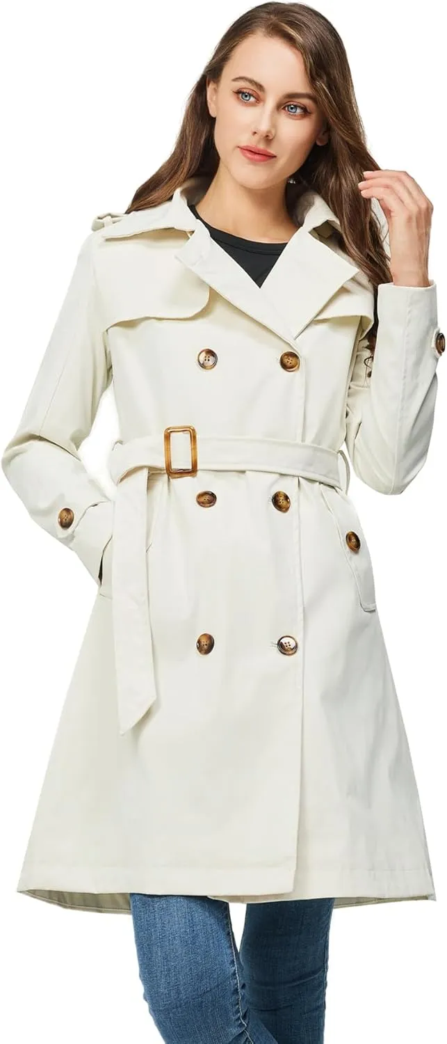 Rasujie Women's Trench Coat Double Breasted Classic Lapel Overcoat Belted Jacket with Detachable Hood