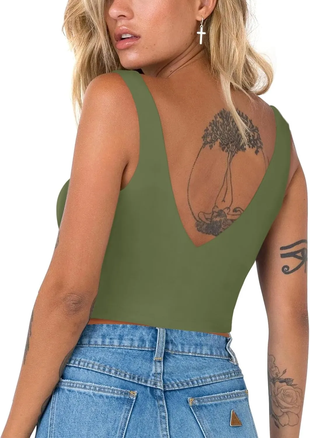 REORIA Butsmooth® Women’s Trendy Sexy Plunge Deep V Neck Sleeveless V Backless Slim Fit Going Out Crop Tank Tops