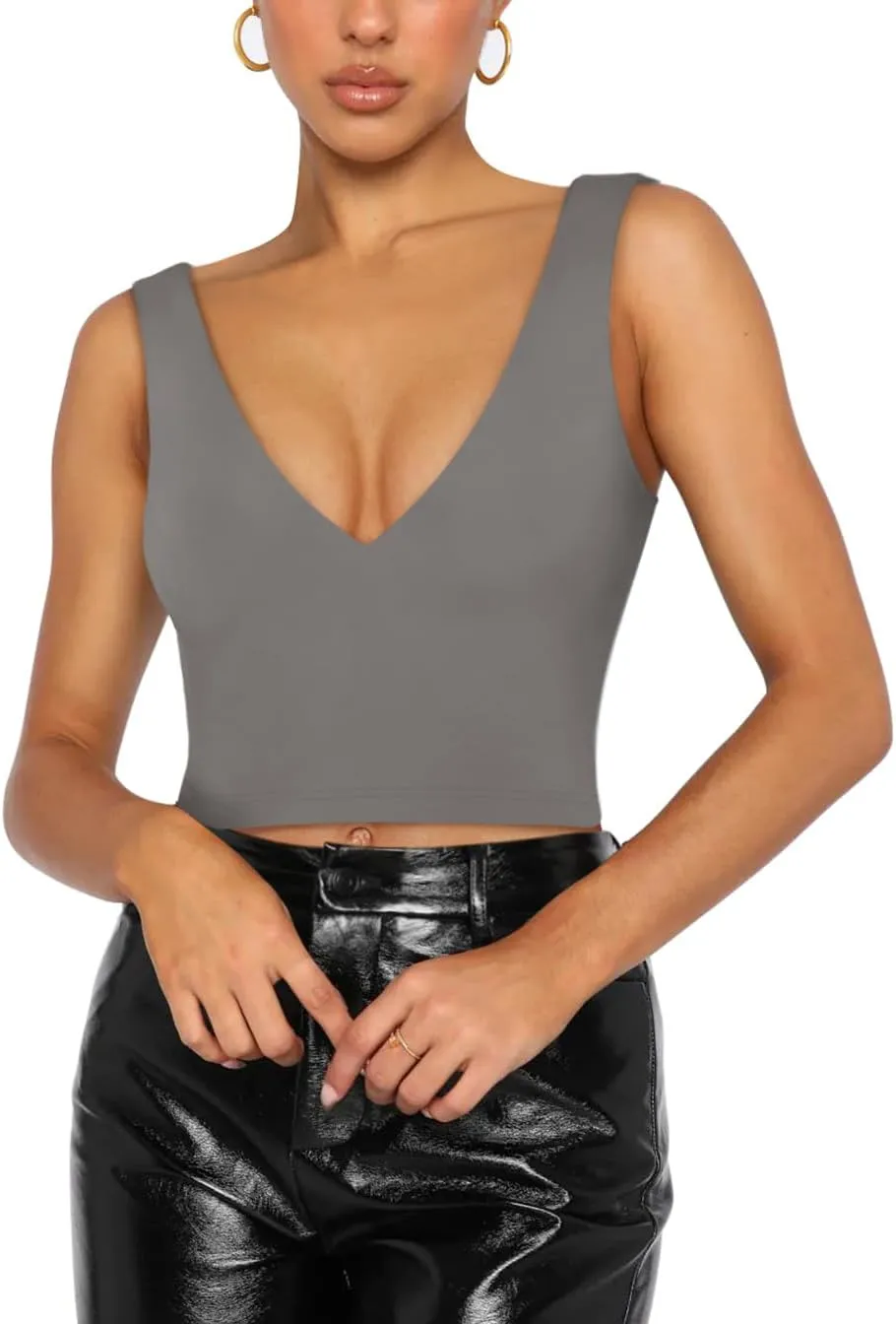 REORIA Butsmooth® Women’s Trendy Sexy Plunge Deep V Neck Sleeveless V Backless Slim Fit Going Out Crop Tank Tops
