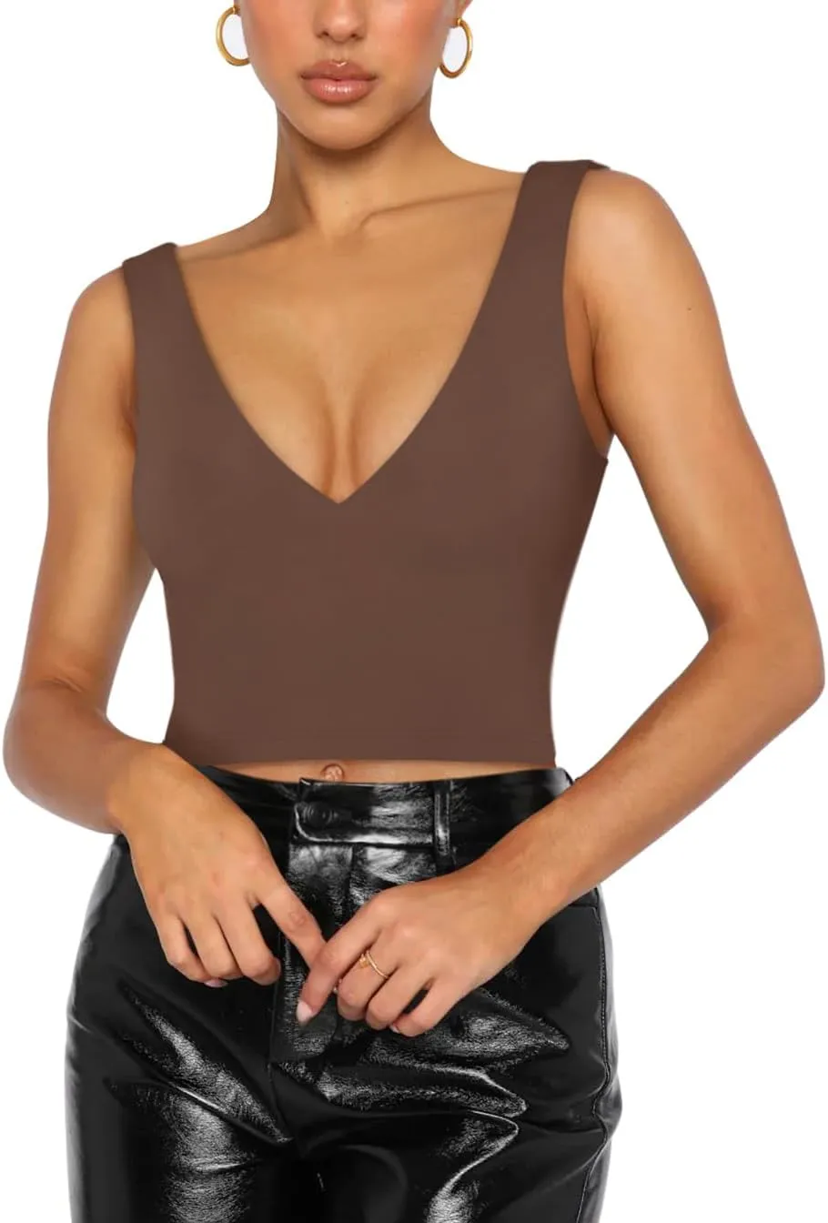 REORIA Butsmooth® Women’s Trendy Sexy Plunge Deep V Neck Sleeveless V Backless Slim Fit Going Out Crop Tank Tops
