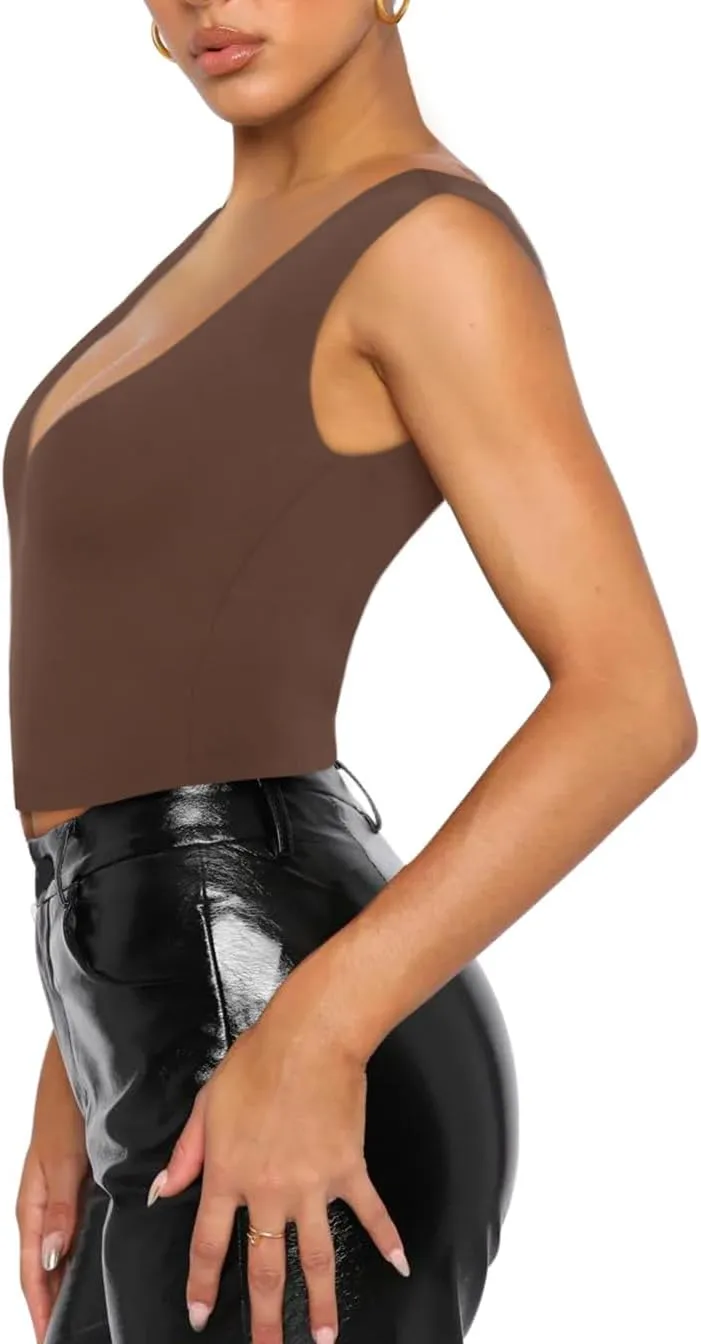 REORIA Butsmooth® Women’s Trendy Sexy Plunge Deep V Neck Sleeveless V Backless Slim Fit Going Out Crop Tank Tops