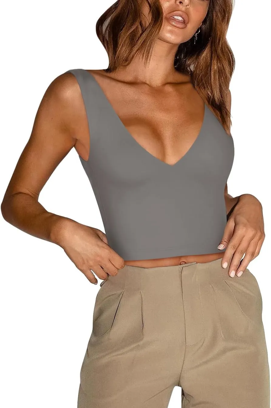 REORIA Butsmooth® Women’s Trendy Sexy Plunge Deep V Neck Sleeveless V Backless Slim Fit Going Out Crop Tank Tops