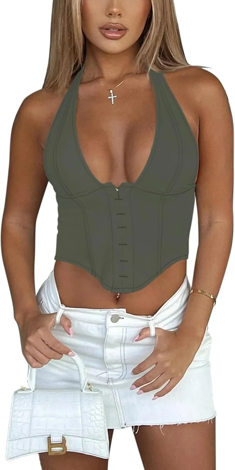 REORIA Women's Summer Sexy Halter V Neck Sleeveless Backless Trendy Y2k Going Out Corset Tank Crop Tops