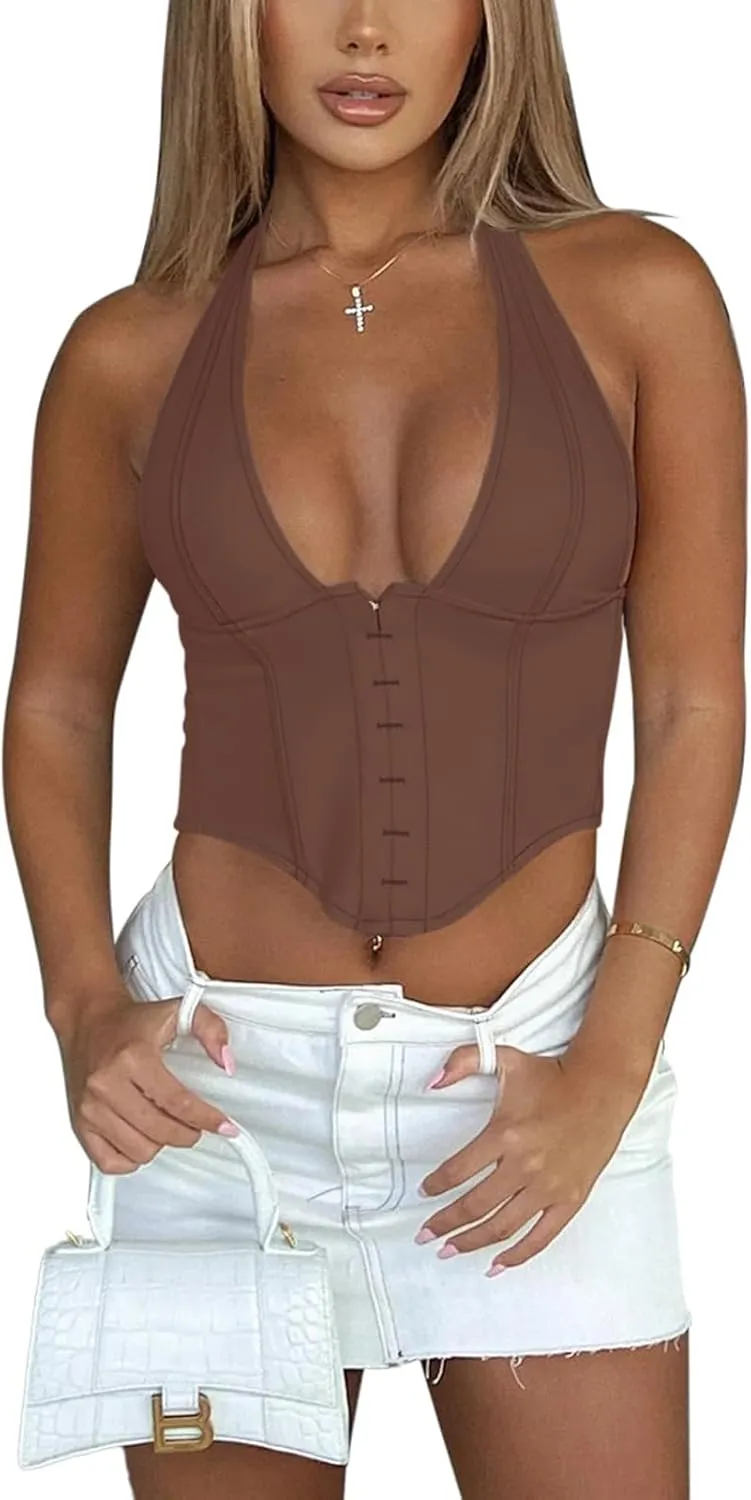 REORIA Women's Summer Sexy Halter V Neck Sleeveless Backless Trendy Y2k Going Out Corset Tank Crop Tops