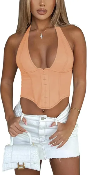 REORIA Women's Summer Sexy Halter V Neck Sleeveless Backless Trendy Y2k Going Out Corset Tank Crop Tops