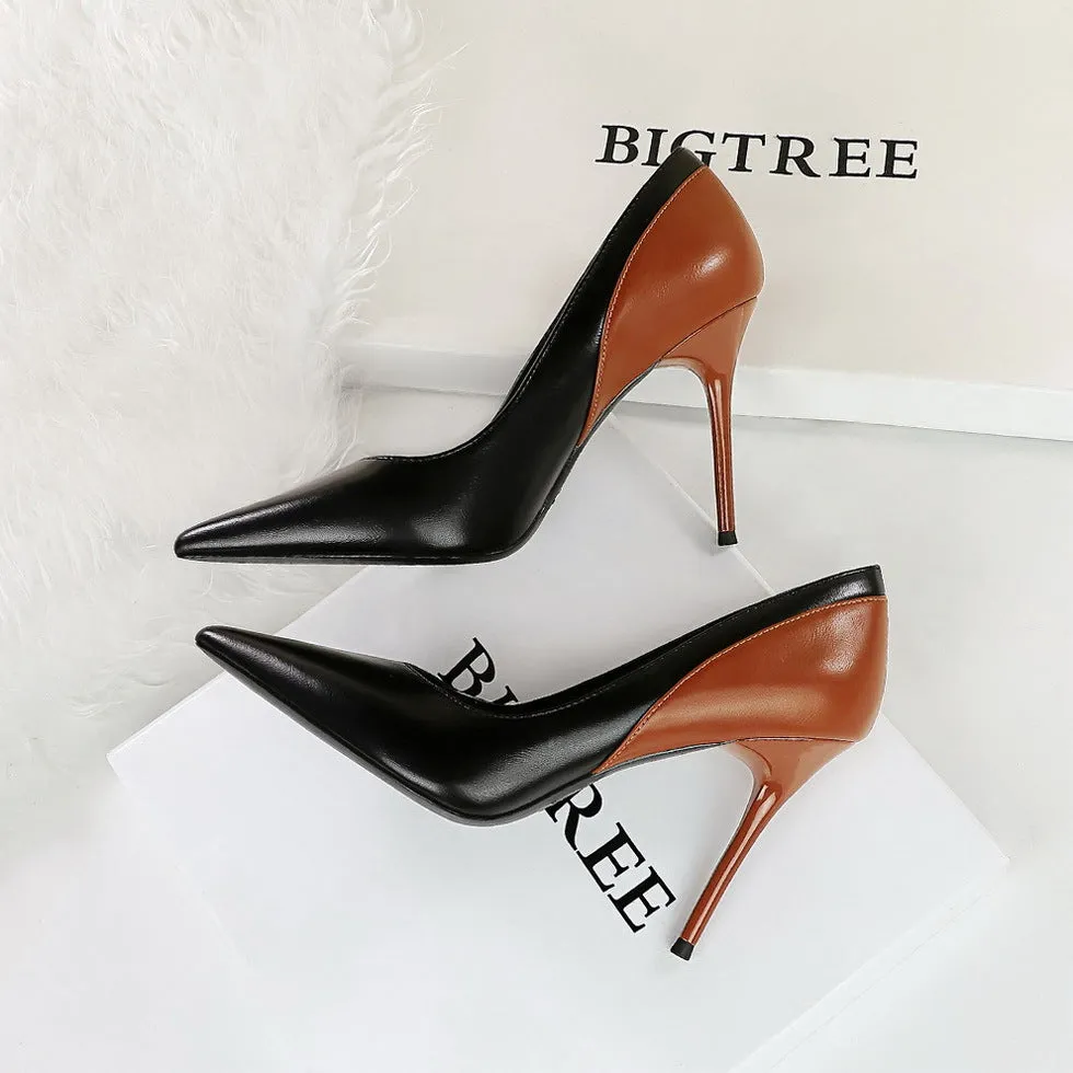 Retro High Heels Stiletto Heel Cocktail Shoes Shallow Mouth Pointed Toe Colorblock Super High Heel Shoes