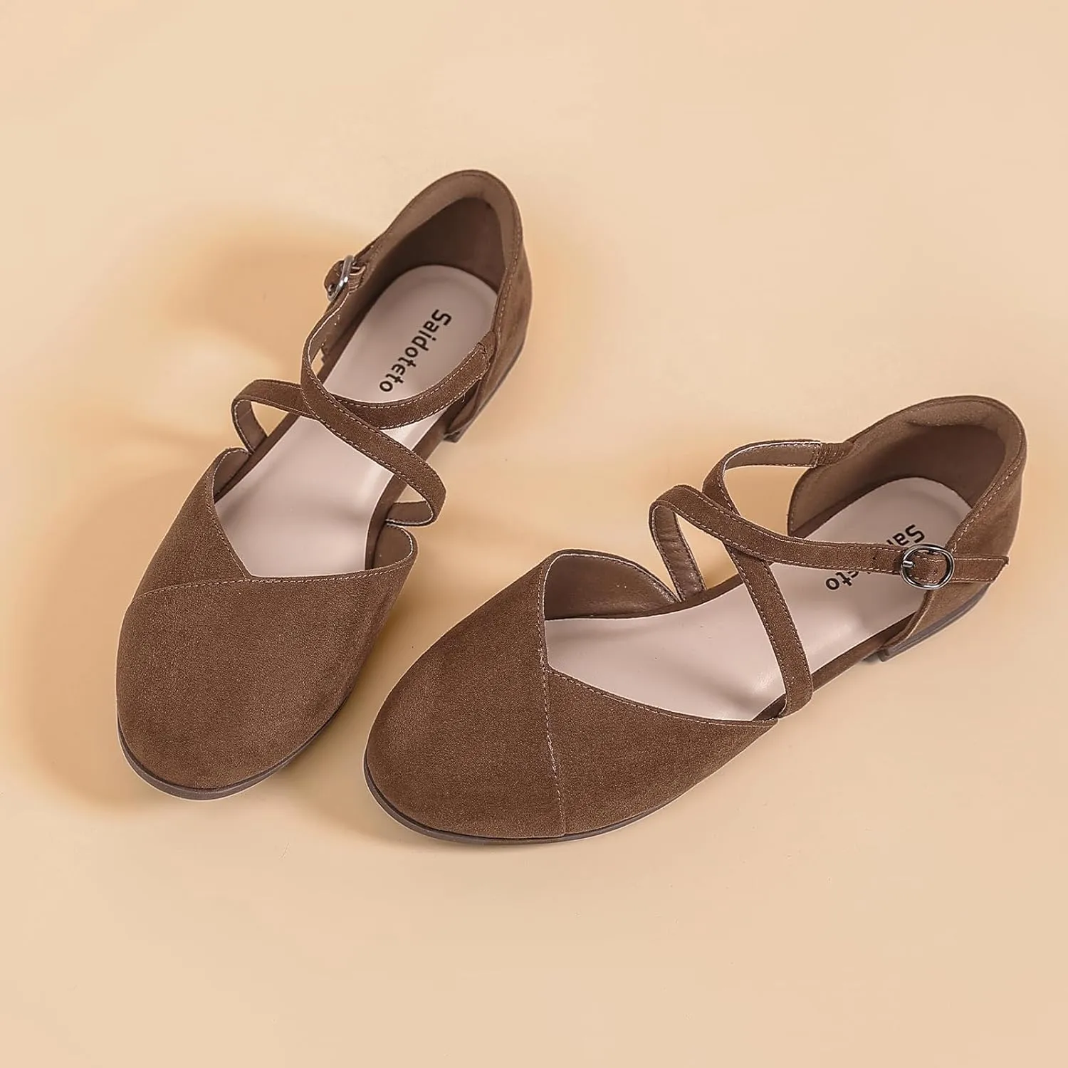 Saidoteto Women's Ankle Strap Flats - Comfortable Round Toe Dress Shoes with Adjustable Buckle, Criss-Cross Design for Work, Wedding, Office & Casual