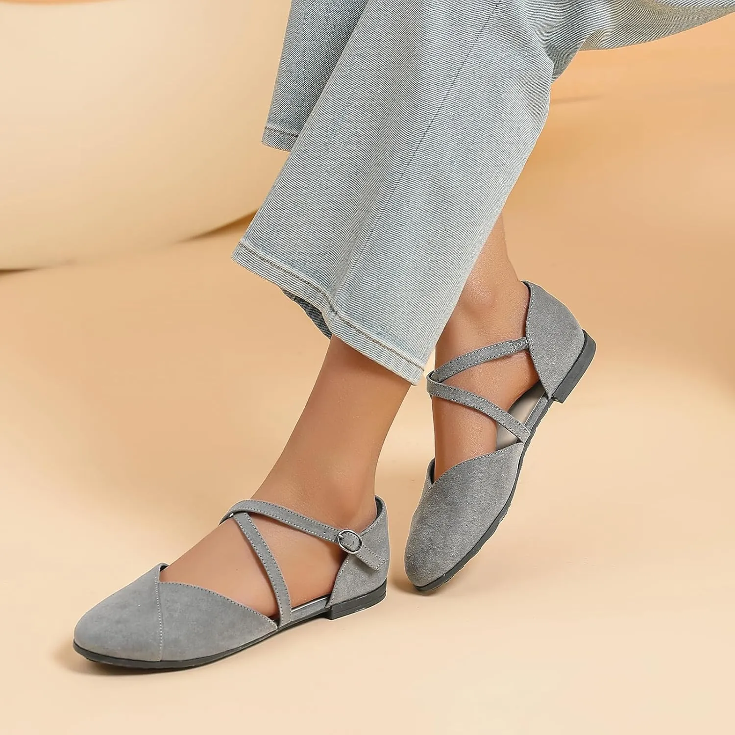 Saidoteto Women's Ankle Strap Flats - Comfortable Round Toe Dress Shoes with Adjustable Buckle, Criss-Cross Design for Work, Wedding, Office & Casual