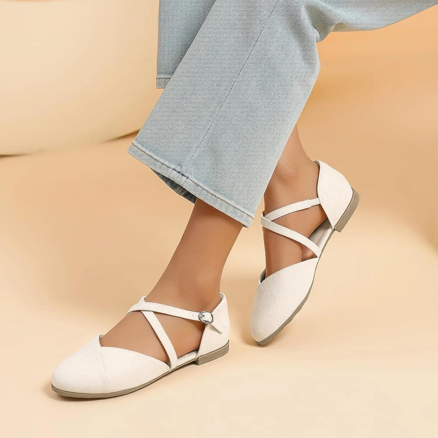 Saidoteto Women's Ankle Strap Flats - Comfortable Round Toe Dress Shoes with Adjustable Buckle, Criss-Cross Design for Work, Wedding, Office & Casual
