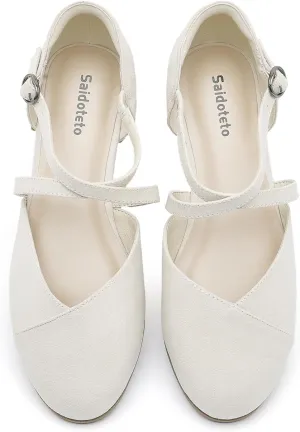 Saidoteto Women's Ankle Strap Flats - Comfortable Round Toe Dress Shoes with Adjustable Buckle, Criss-Cross Design for Work, Wedding, Office & Casual