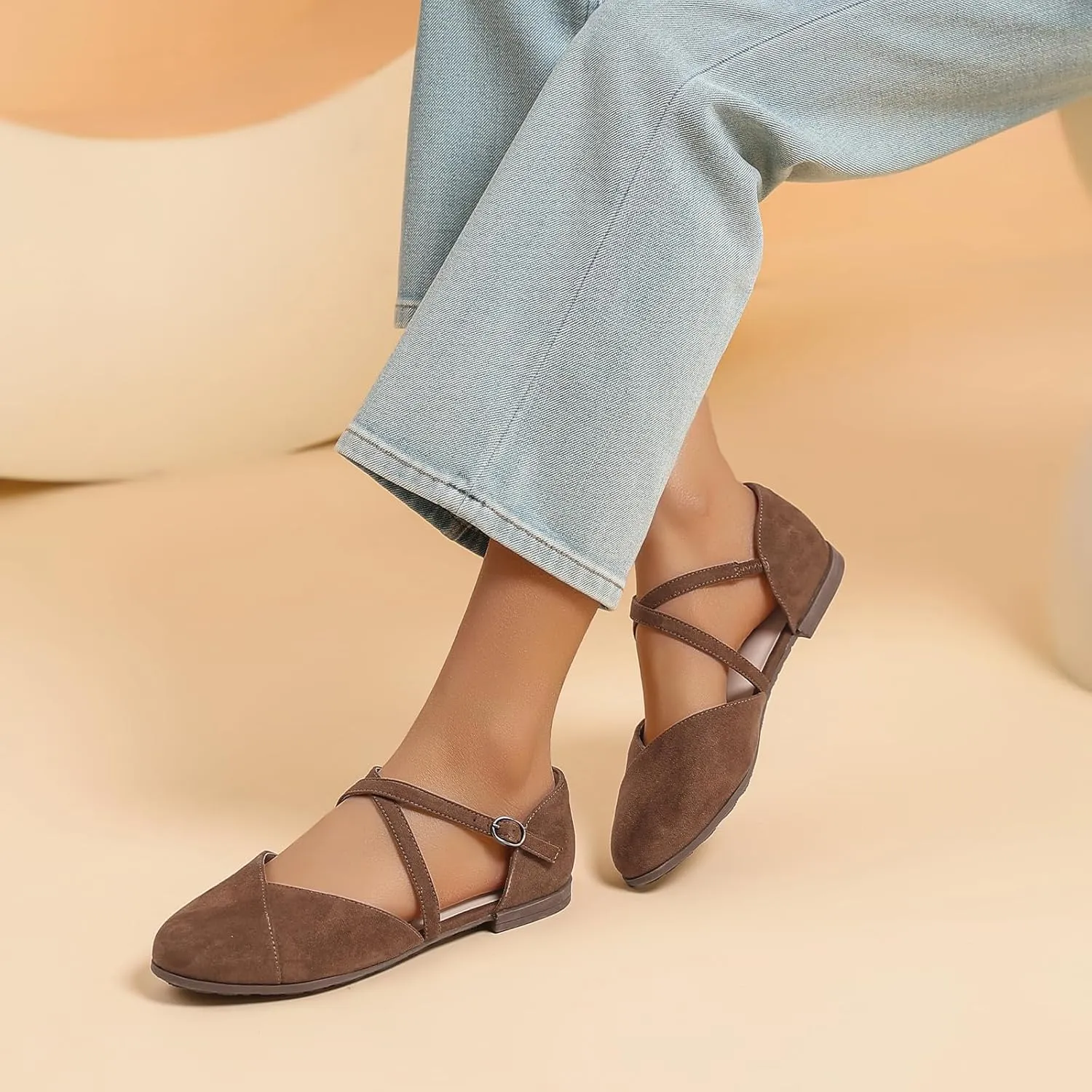 Saidoteto Women's Ankle Strap Flats - Comfortable Round Toe Dress Shoes with Adjustable Buckle, Criss-Cross Design for Work, Wedding, Office & Casual