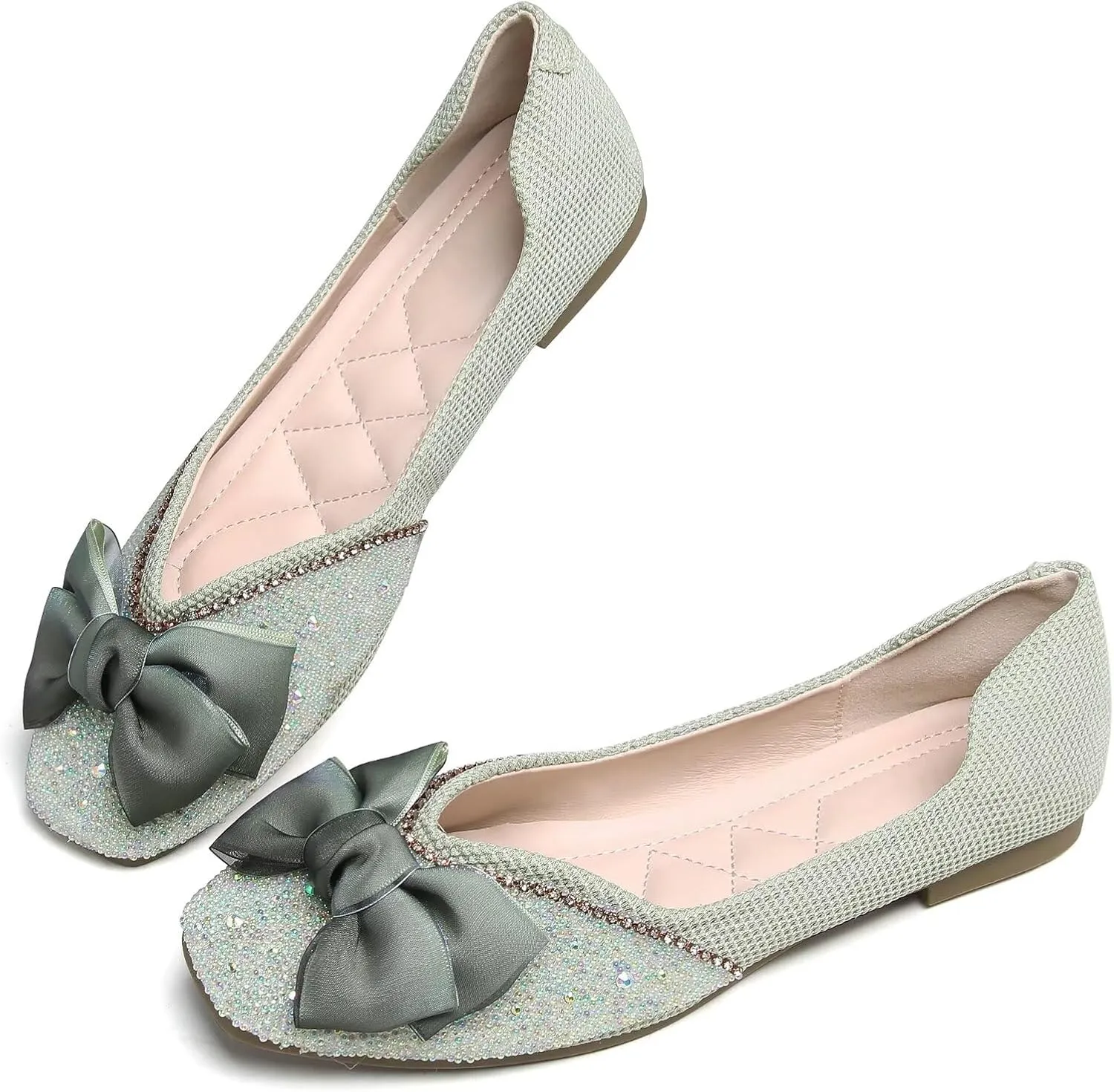 SAILING LU Square Toe Flats Shoes Rhinestoned Bowknots Ballet Flats for Women Studded Dress Shoes Comfort Light Weight Loafers