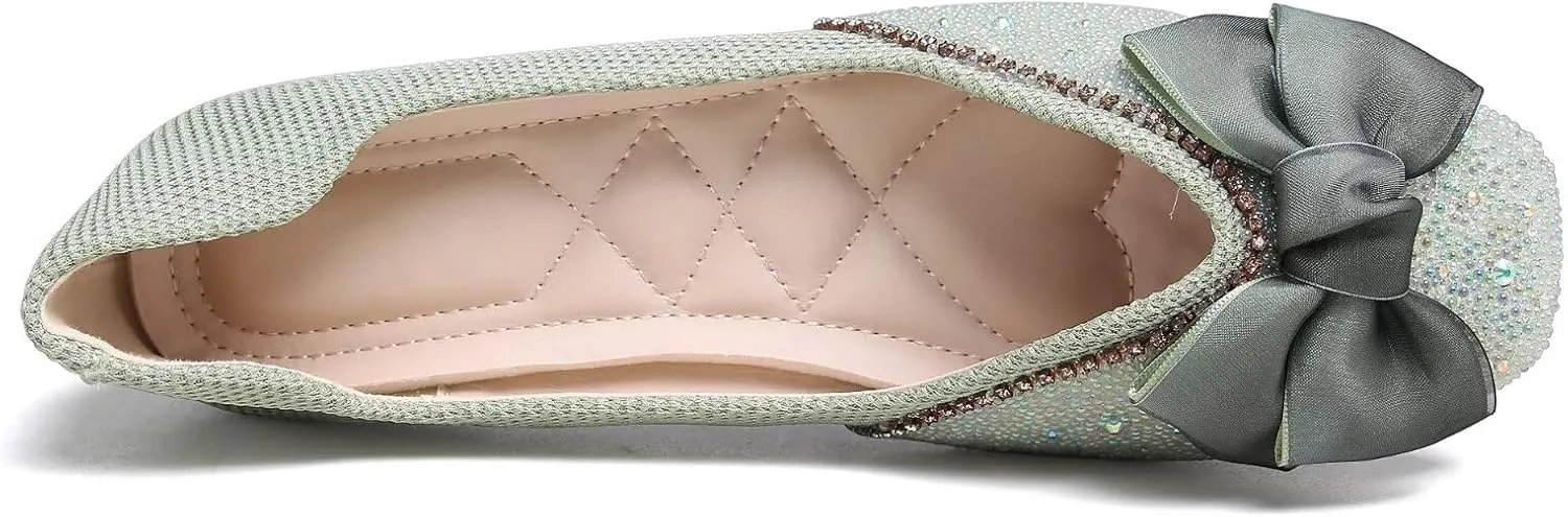 SAILING LU Square Toe Flats Shoes Rhinestoned Bowknots Ballet Flats for Women Studded Dress Shoes Comfort Light Weight Loafers