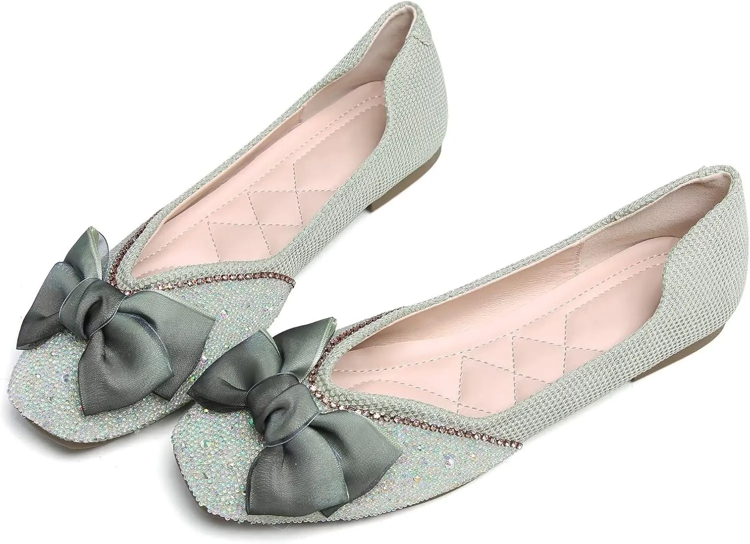 SAILING LU Square Toe Flats Shoes Rhinestoned Bowknots Ballet Flats for Women Studded Dress Shoes Comfort Light Weight Loafers