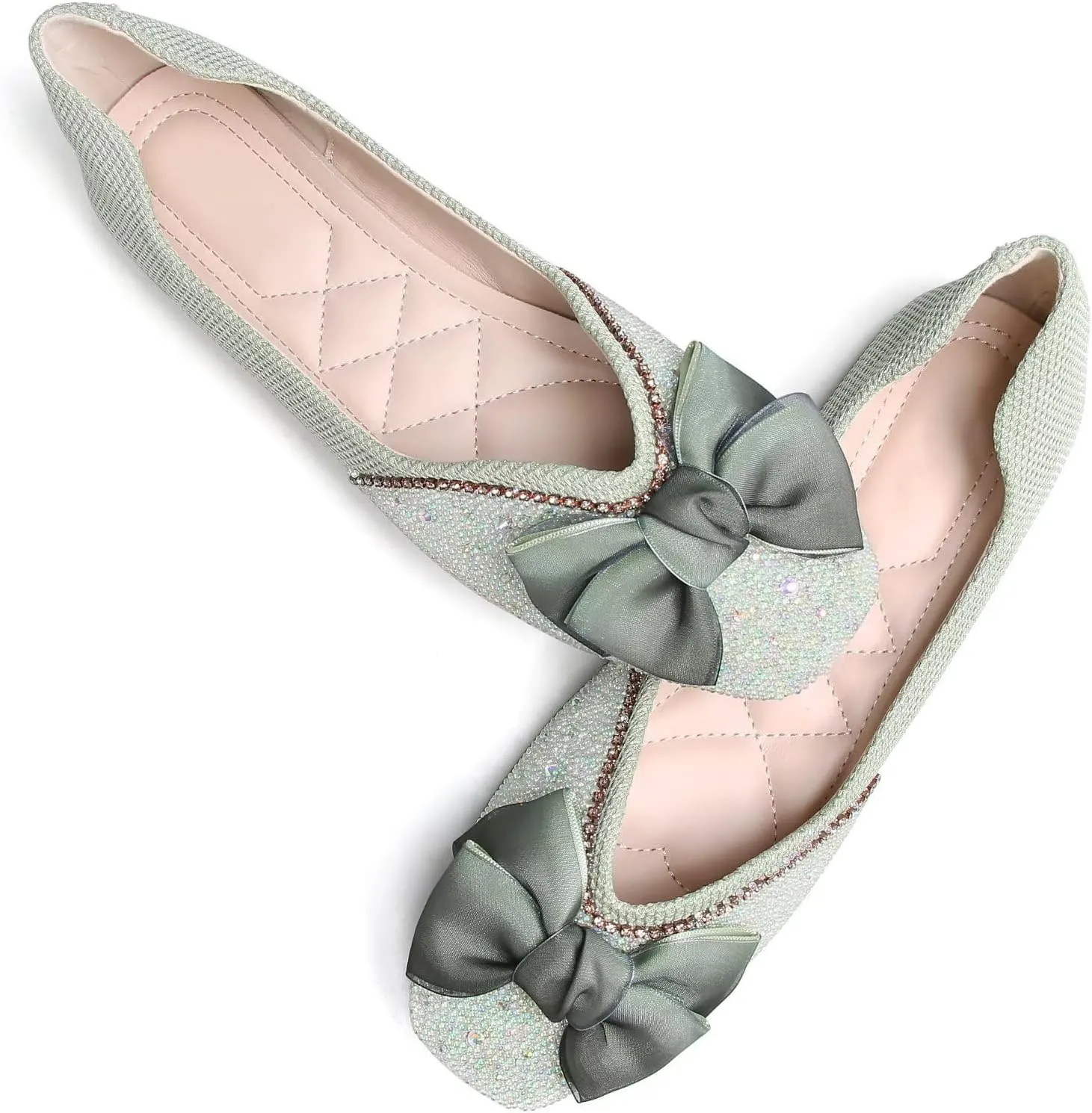 SAILING LU Square Toe Flats Shoes Rhinestoned Bowknots Ballet Flats for Women Studded Dress Shoes Comfort Light Weight Loafers