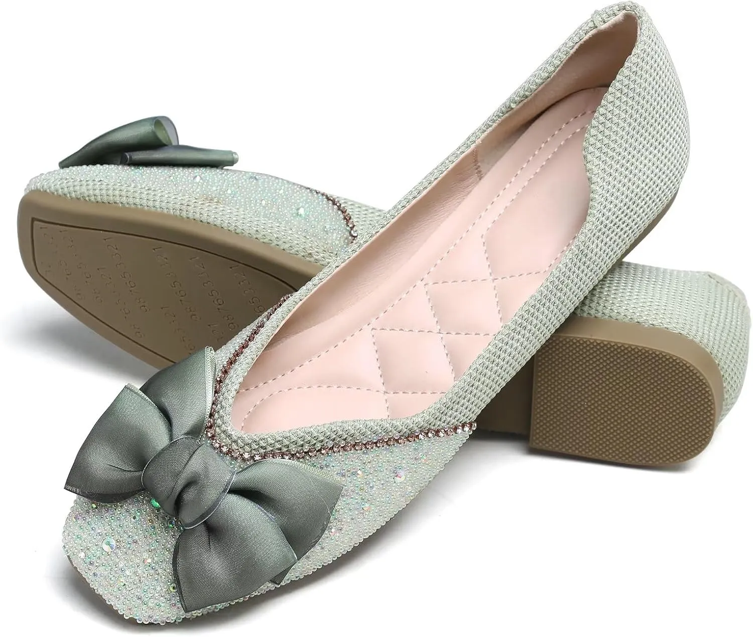 SAILING LU Square Toe Flats Shoes Rhinestoned Bowknots Ballet Flats for Women Studded Dress Shoes Comfort Light Weight Loafers