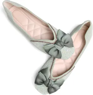 SAILING LU Square Toe Flats Shoes Rhinestoned Bowknots Ballet Flats for Women Studded Dress Shoes Comfort Light Weight Loafers