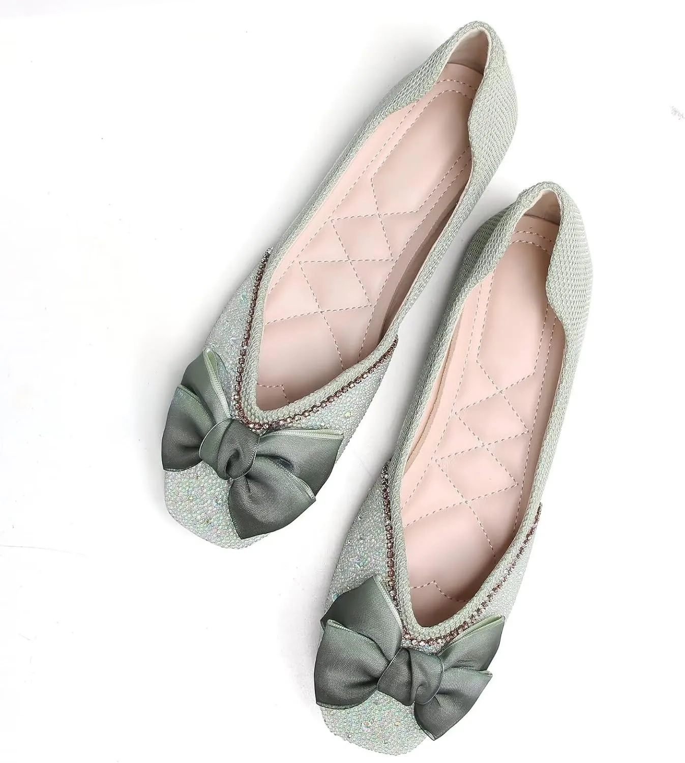 SAILING LU Square Toe Flats Shoes Rhinestoned Bowknots Ballet Flats for Women Studded Dress Shoes Comfort Light Weight Loafers
