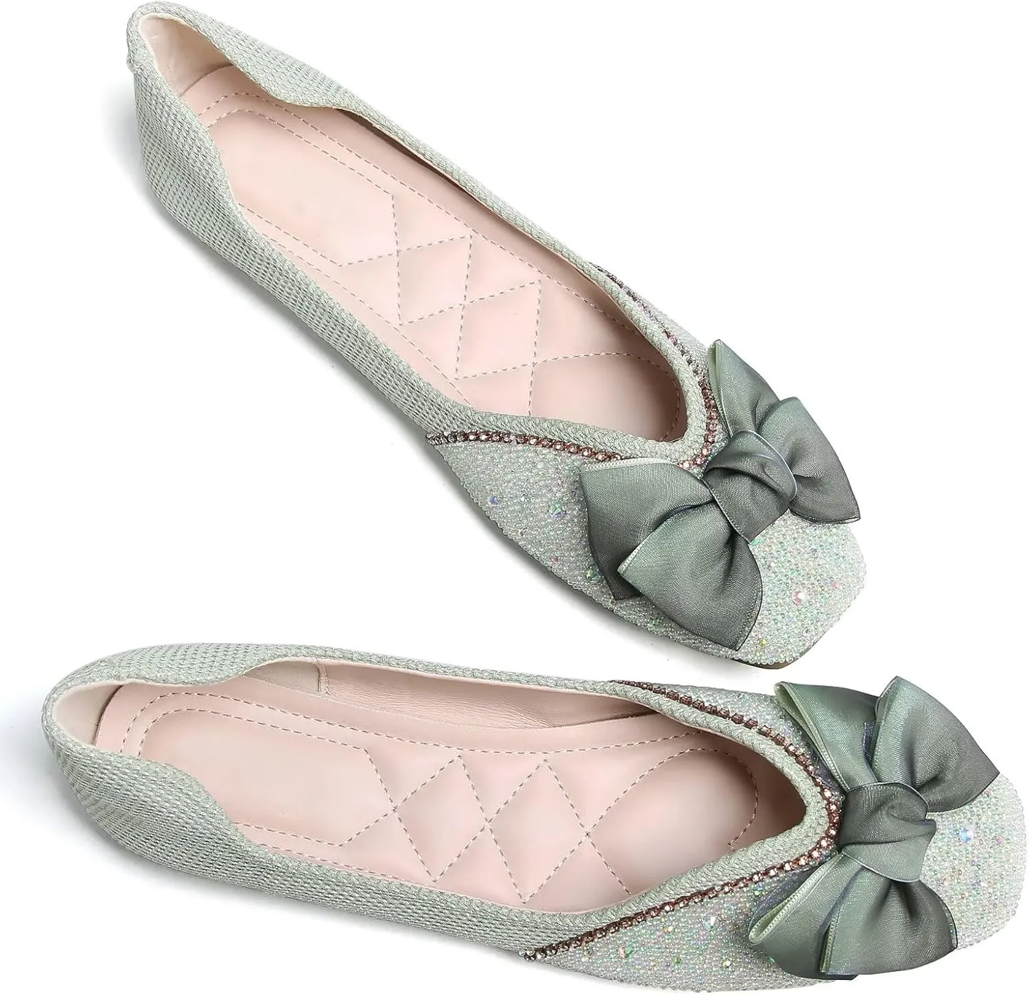 SAILING LU Square Toe Flats Shoes Rhinestoned Bowknots Ballet Flats for Women Studded Dress Shoes Comfort Light Weight Loafers