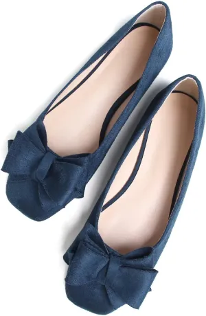 SAILING LU Women's Bow Knot Ballet Flats Square Toe Flat Shoes Suede Dress Shoes Wear to Work Slip On Moccasins