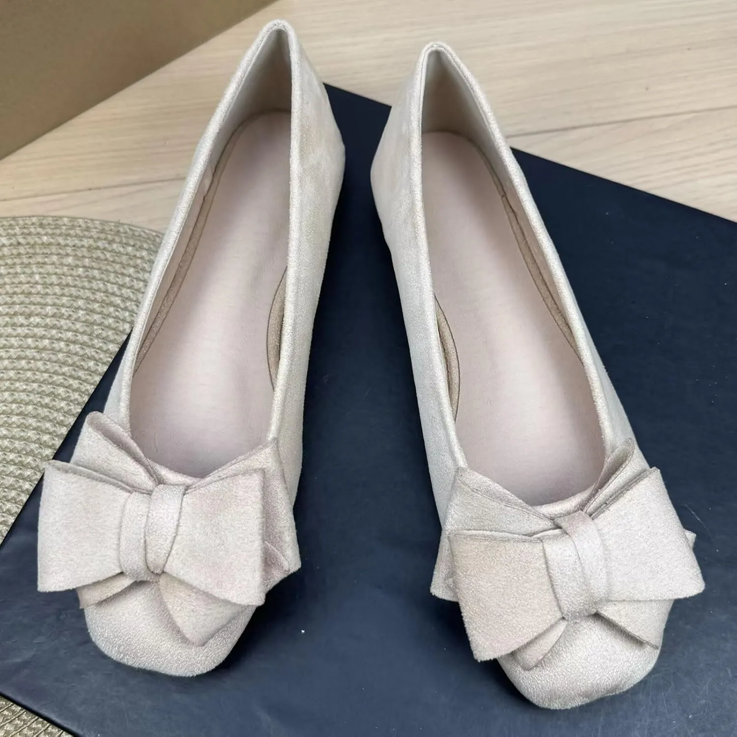 SAILING LU Women's Bow Knot Ballet Flats Square Toe Flat Shoes Suede Dress Shoes Wear to Work Slip On Moccasins
