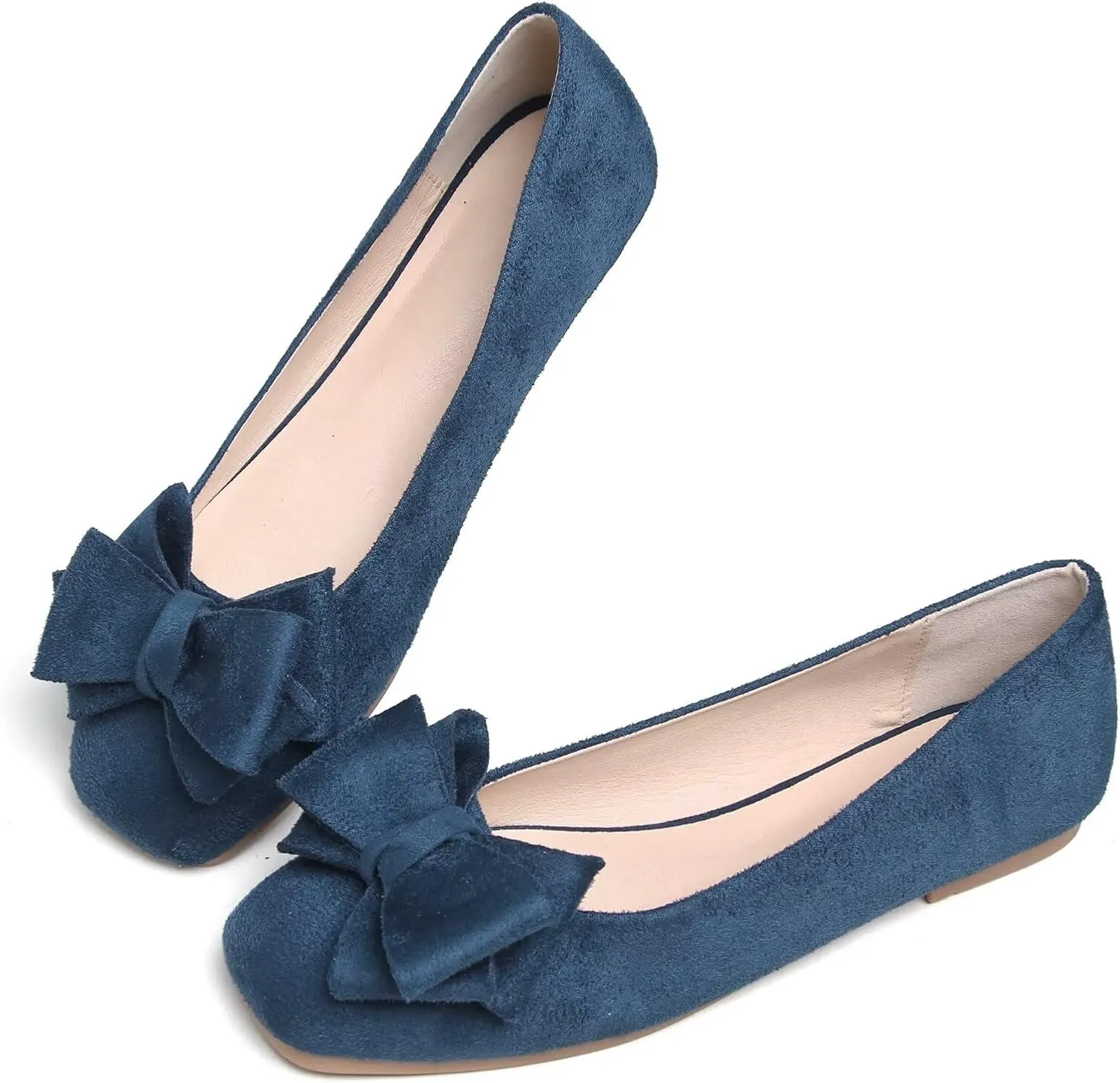 SAILING LU Women's Bow Knot Ballet Flats Square Toe Flat Shoes Suede Dress Shoes Wear to Work Slip On Moccasins