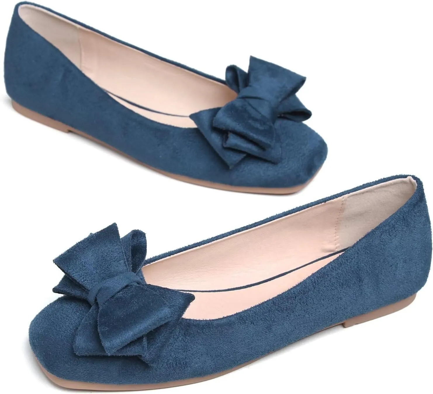 SAILING LU Women's Bow Knot Ballet Flats Square Toe Flat Shoes Suede Dress Shoes Wear to Work Slip On Moccasins